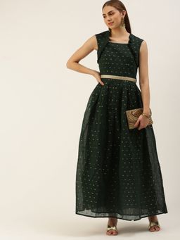 Ethnovog - Ready To Wear Teal Green Art Silk Cotton Jacquard Dress (Set of 2)