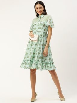 Ethnovog - Ready To Wear Mint Green Georgette Digital Printed Dress