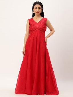 Ethnovog - Ready To Wear Red Cotton Sequins Embroidery Maxi Dress