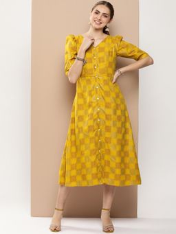 Ethnovog - Ready To Wear Mustard Rayon Printed A-line Dress