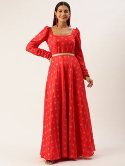 Ethnovog - Ready To Wear Red Art Silk Maxi Dress (Set of 2)