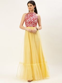 Ethnovog - Ready To Wear Dark Pink Embroidered Georgette And Yellow Net Dress
