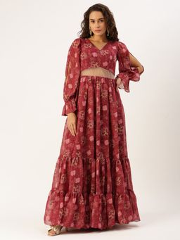 Ethnovog - Ready To Wear Wine Georgette Printed Gown