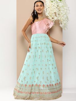 Ethnovog - Ready To Wear Pink And Blue Embroidered Georgette Gown