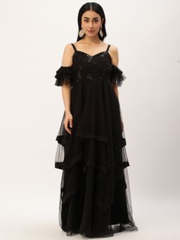 Ethnovog - Ready To Wear Black Embroidered Organza And Net Gown