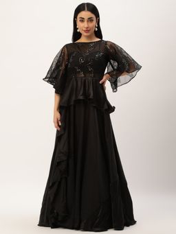 Ethnovog - Ready To Wear Black Embroidered Organza And Satin Gown