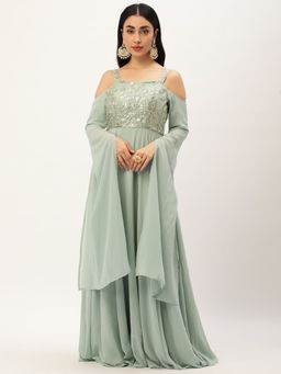 Ethnovog - Ready To Wear Green Net Embroidered Cape Style Sleeve Gown
