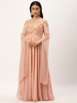 Ethnovog - Ready To Wear Peach Net Embroidered Cape Style Sleeve Gown