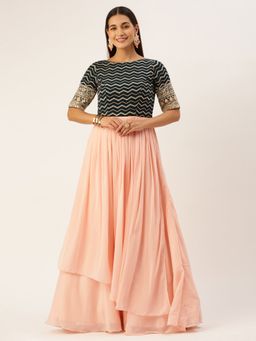 Ethnovog - Ready To Wear Dark Green Georgette Embroidered And Pink Gown