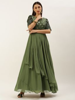 Ethnovog - Ready To Wear Green Georgette Sequins Embroidery Gown