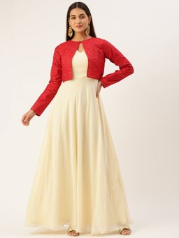 Ethnovog - Ready To Wear Off White And Red Embroidered Jacket Style Gown (Set of 2)