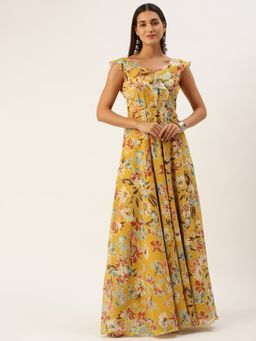 Ethnovog - Ready To Wear Yellow Georgette Digital Print V Neck Gown