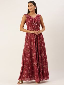 Ethnovog - Ready To Wear Wine Georgette Digital Print V Neck Gown