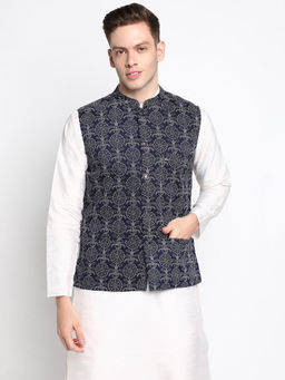 Devoiler - Men Navy Blue & White Printed Pure Cotton Nehru Jacket