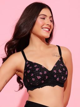 Clovia - Women Black Floral Printed Padded Non-Wired T-shirt Bra