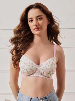 Clovia - Women Off White Padded Non-Wired Floral Printed T-shirt Bra