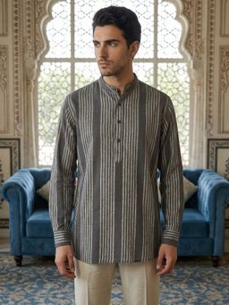 Jompers - Grey Striped Pattern Cotton Blend Ethnic Kurta
