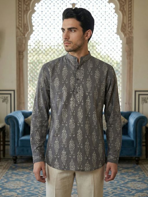 Jompers Grey All-Over Print Casual Ethnic Short Kurta