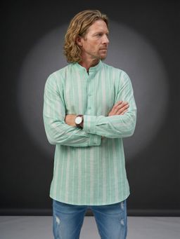 Jompers - Green Striped Pattern Cotton Blend Ethnic Kurta