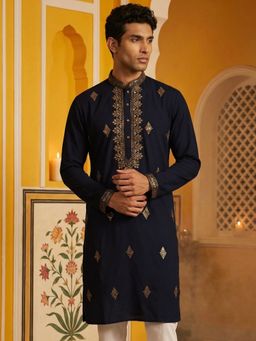 Jompers - Navy Blue Japanese Fabric Embroidered Kurta