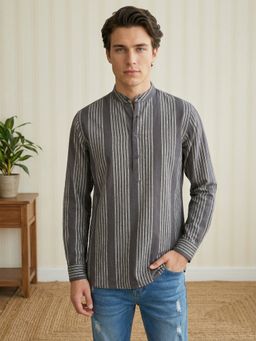 Jompers - Grey Striped Pattern Cotton Blend Ethnic Kurta