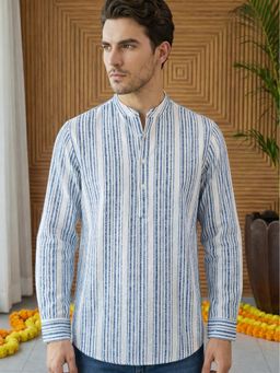 Jompers - White Striped Pattern Cotton Blend Ethnic Kurta