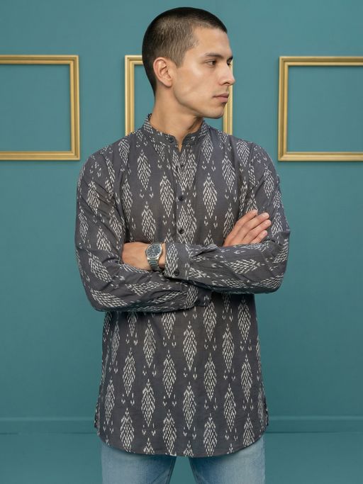 Jompers Grey All-Over Print Casual Ethnic Short Kurta