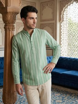 Jompers - Green Striped Pattern Cotton Blend Ethnic Kurta