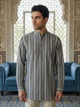 Jompers - Grey Striped Pattern Cotton Blend Ethnic Kurta