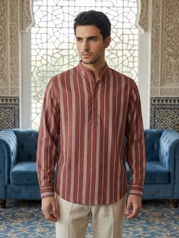 Jompers - Rust Striped Pattern Cotton Blend Ethnic Kurta