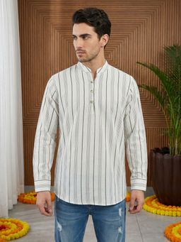 Jompers - White Cotton Blend Striped Short Kurta