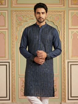 Jompers - Navy Blue Embellished Silk Blend Kurta
