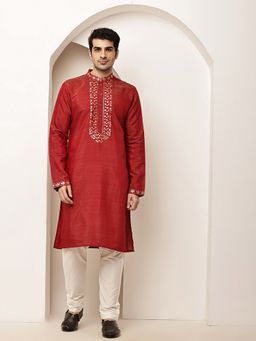 MULTI SHADES - Red Straight Viscose Silk Embroidered Kurta