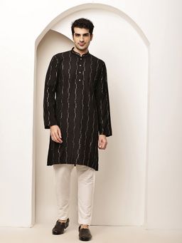 MULTI SHADES - Black Textured Threadwork Kurta