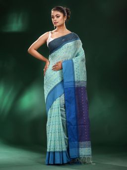 CHARUKRITI - Sea Green Handspun Cotton Handwoven Saree with Unstitched Blouse