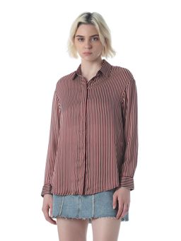 ONLY - Women's Striped Loose Fit Maroon Shirt