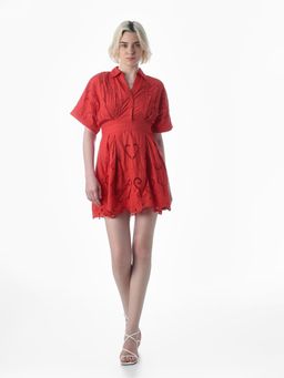 ONLY - Women's Self Design Fit and Flare Red Dress