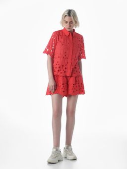 ONLY - Women's Self Design Relaxed Fit Red Shirt