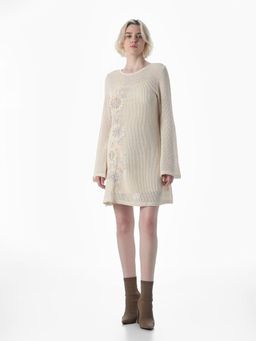 ONLY - Women's Embroidered Fit and Flare Cream Dress