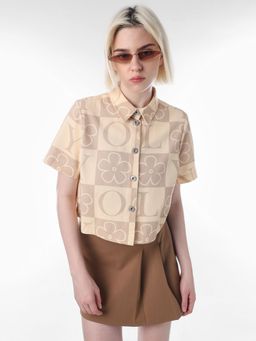 ONLY - Women's Printed Boxy Fit Beige Shirt