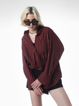 ONLY - Women's Striped Regular Fit Maroon Shirt