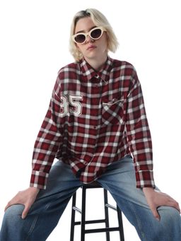 ONLY - Women's Checked Relaxed Fit Maroon Shirt