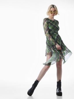 ONLY - Women's Checked Fit and Flare Green Dress