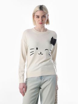 ONLY - Women's Applique Regular Fit White Sweatshirt