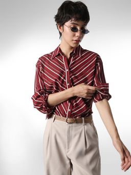 ONLY - Women's Striped Regular Fit Maroon Shirt
