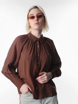 ONLY - Women's Solid Relaxed Fit Brown Shirt