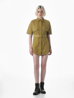 ONLY - Women's Solid Fit and Flare Green Dress with Belt