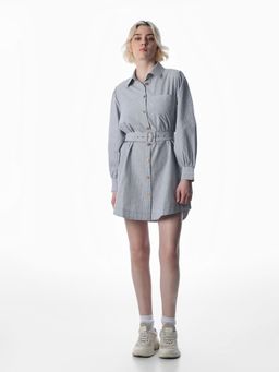 ONLY - Women's Striped Fit and Flare Blue Dress with Belt