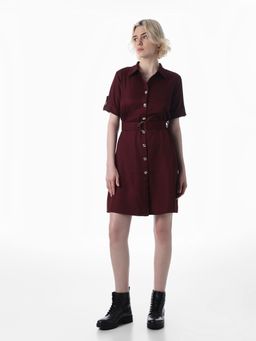 ONLY - Women's Solid Loose Fit Maroon Dress with Belt