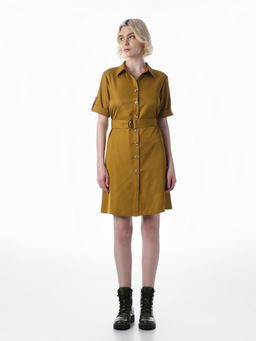 ONLY - Women's Solid Fit and Flare Mustard Dress with Belt